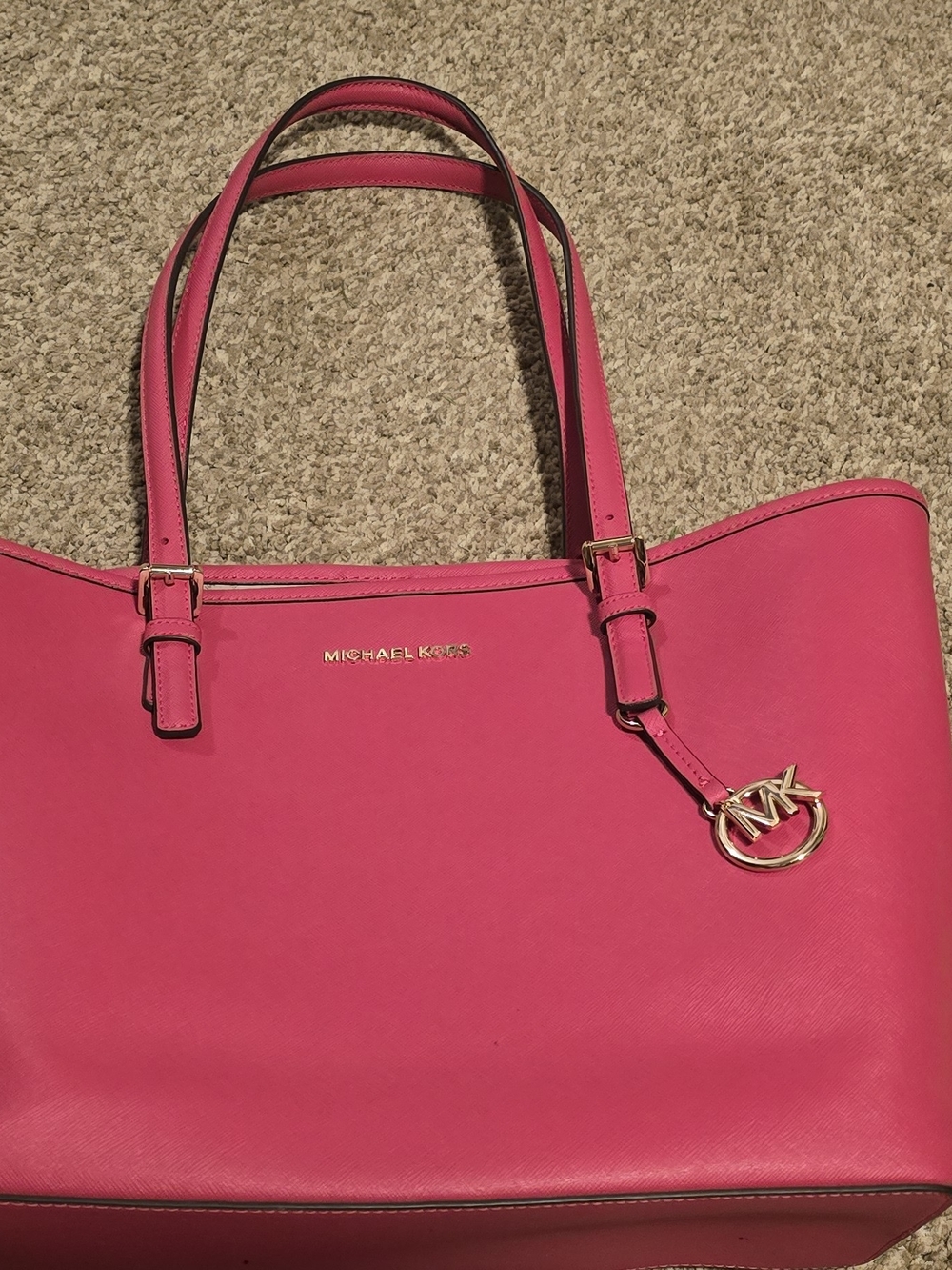 Michael Kors Hot Pink Saffiano Leather Tote with Gold MK Charm
